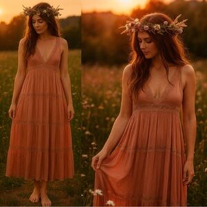 L Love Fairy Ethereal Cottagecore Peasant Bohemian Tiered Gauzy Maxi Dress M